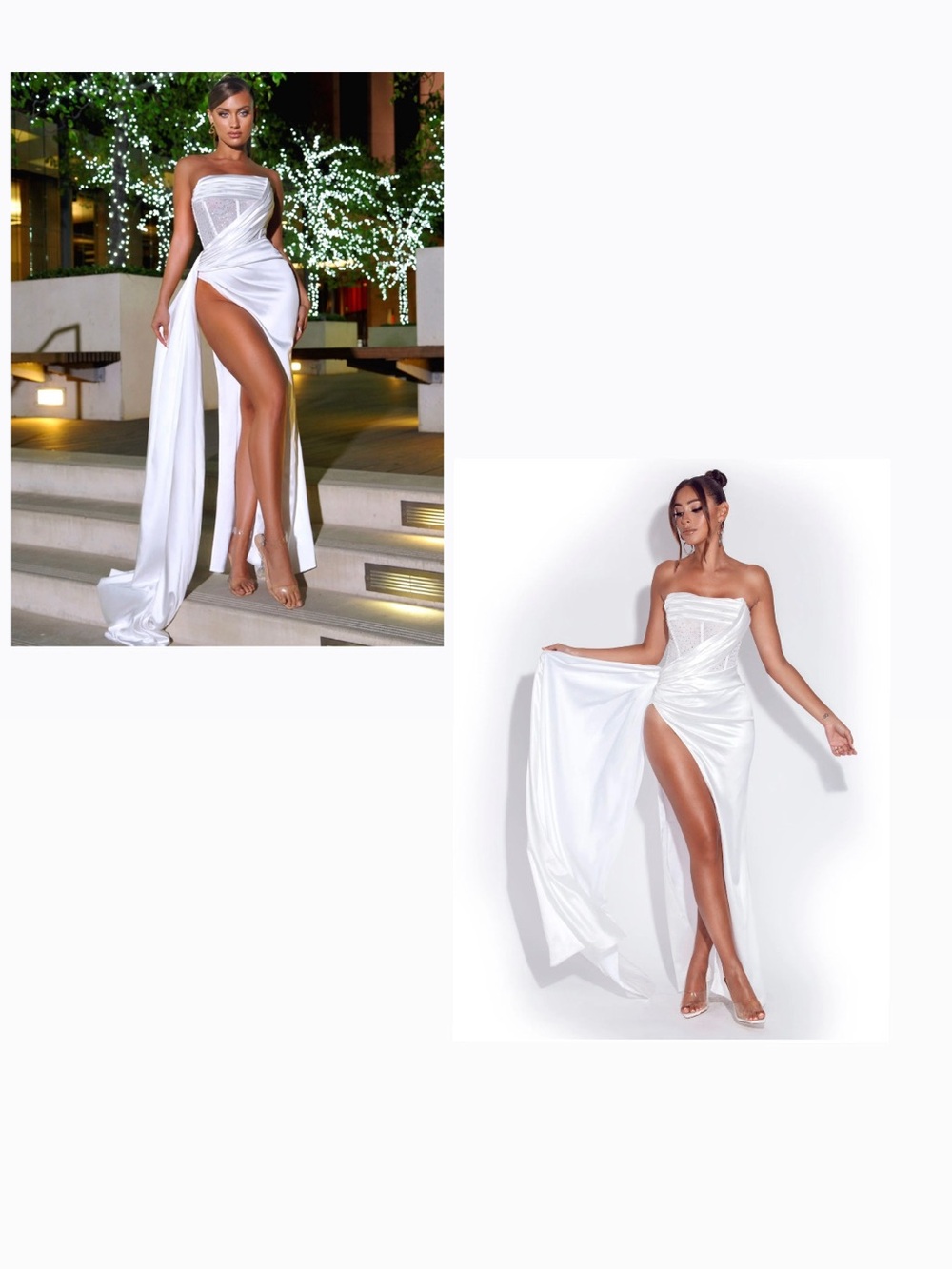 Strapless White High-Slit Draped Evening Gown